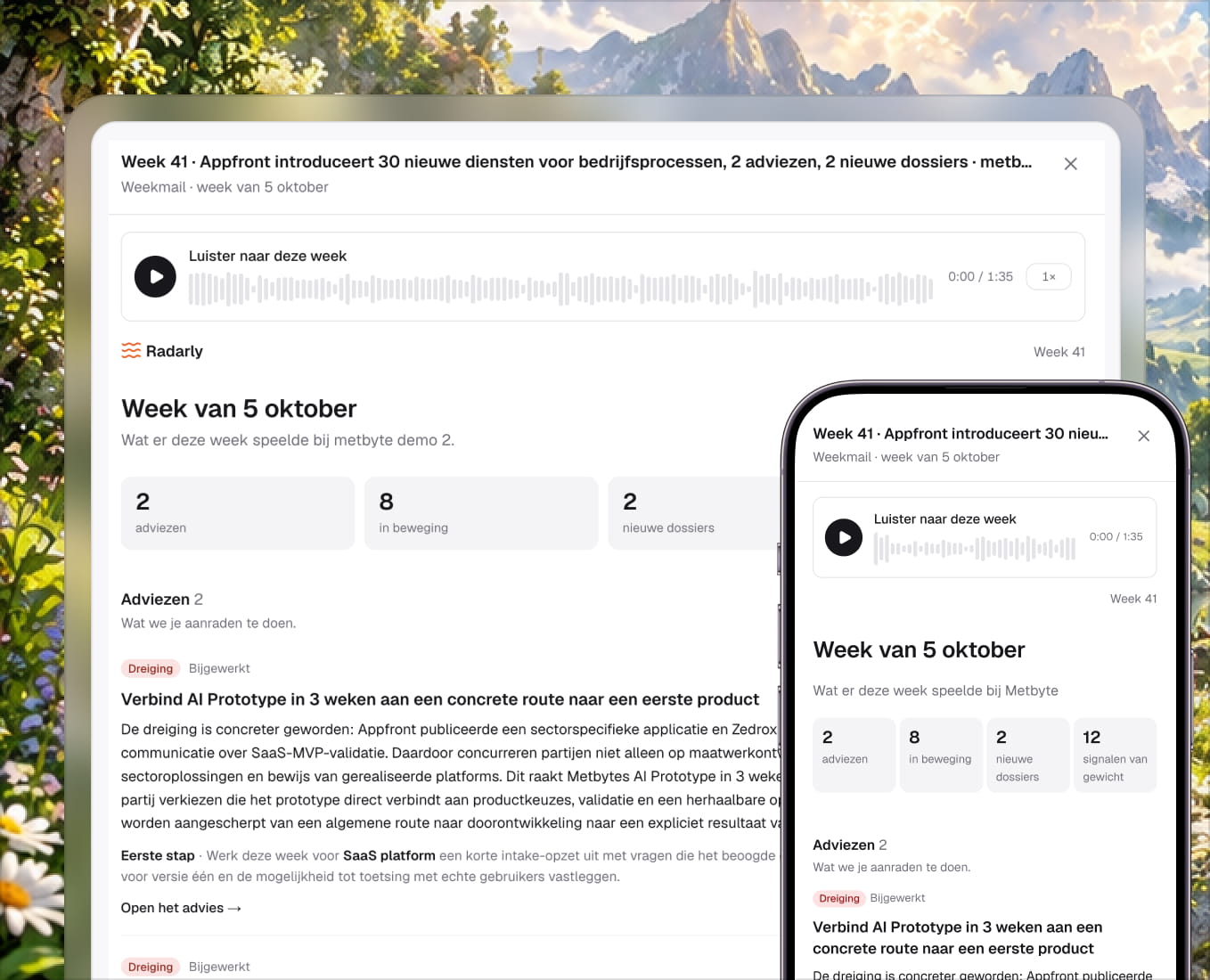 Wekelijkse briefing met audioversie op desktop en mobiel